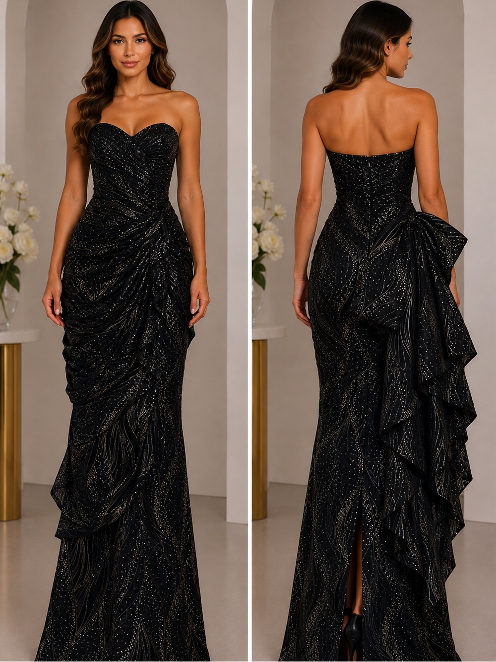 Vicky Tiel Fred Hayman Vintage Metallic Gold Black Ruched Strapless Dress SM